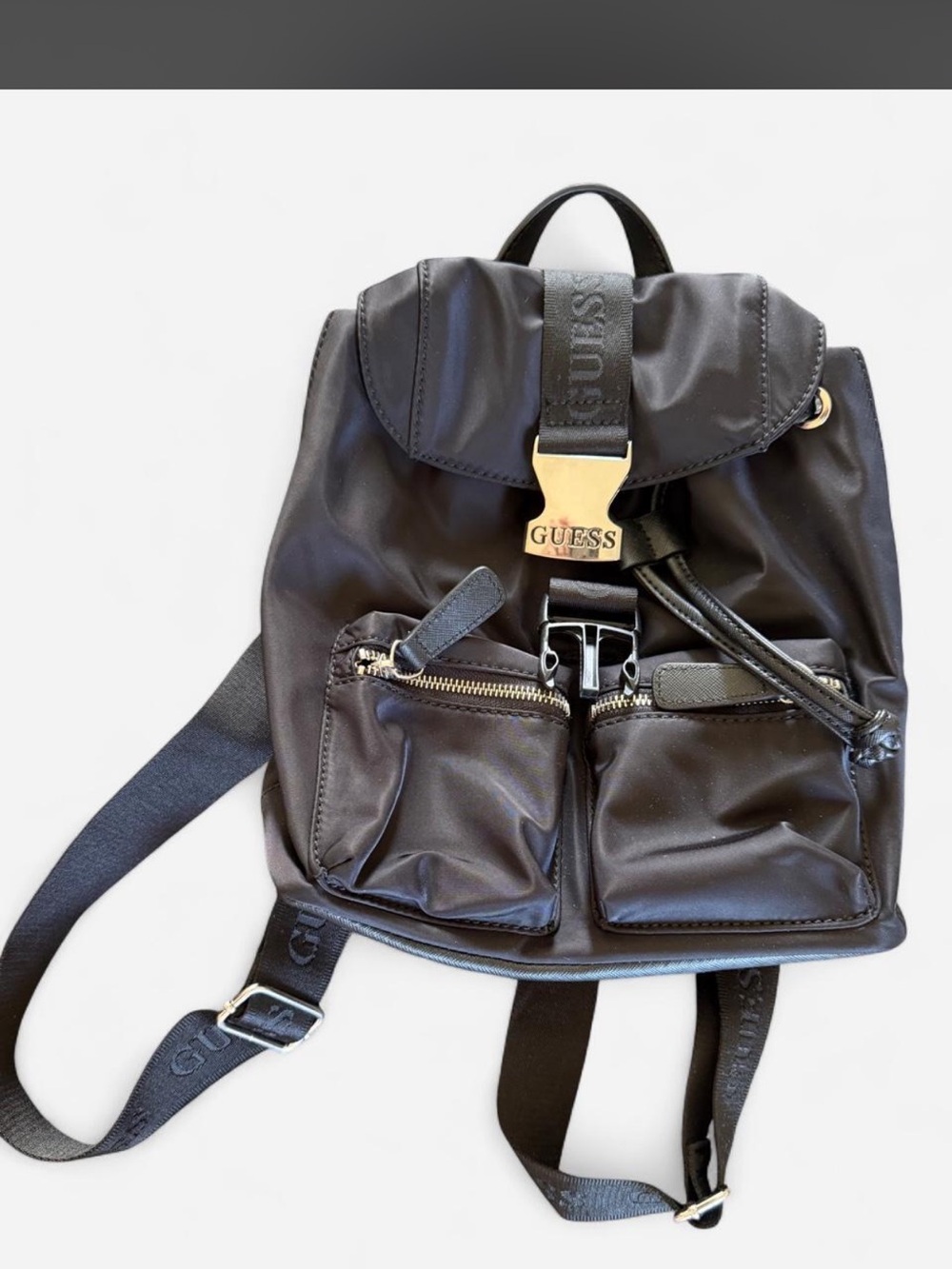 GUESS Black Nylon Drawstring Backpack with Gold Accent Buckle